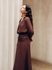 Tie-Neck Ruched Chiffon Maxi Dress