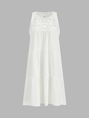 Crochet Lace Yoke Tiered Sleeveless Dress