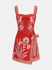 Floral Bird Print Wrap Tie Mini Dress