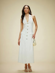 Cotton & Linen Pocket-Detail Halter Neck Tie-Back Dress