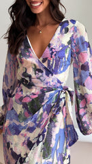 Jemma Long Sleeve Mini Dress - Purple Abstract